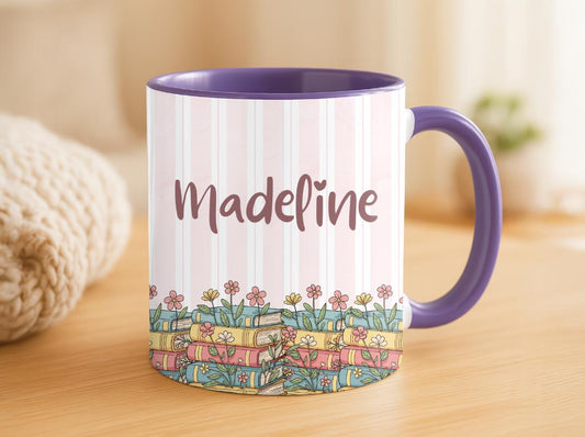 Personalised Vintage Bookshelf Library Pottery Mug, Floral Bookish Gifts For Reader, Custom Reading Coffee Cup, Book Lover Birthday Gift