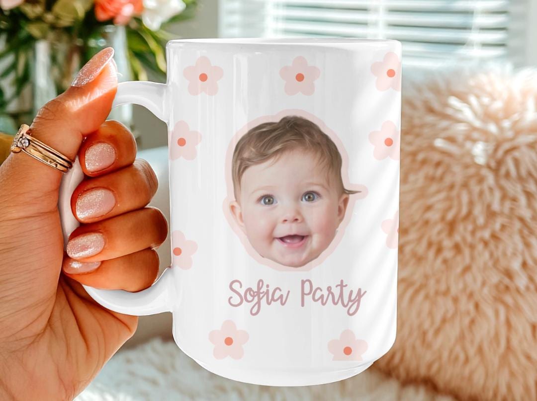 Custom Baby Face Mug with Floral Pattern | Personalized Photo Mug with Name | Cute Gift for Mom, Grandma, or Aunt |  Party Baby Coffee Cup