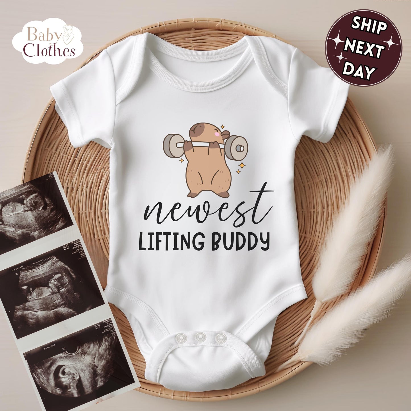 newest lifting buddy baby bodysuit, cute lifting baby outfit, baby announcement, newborn baby gift, daddys lifting partner onesie®