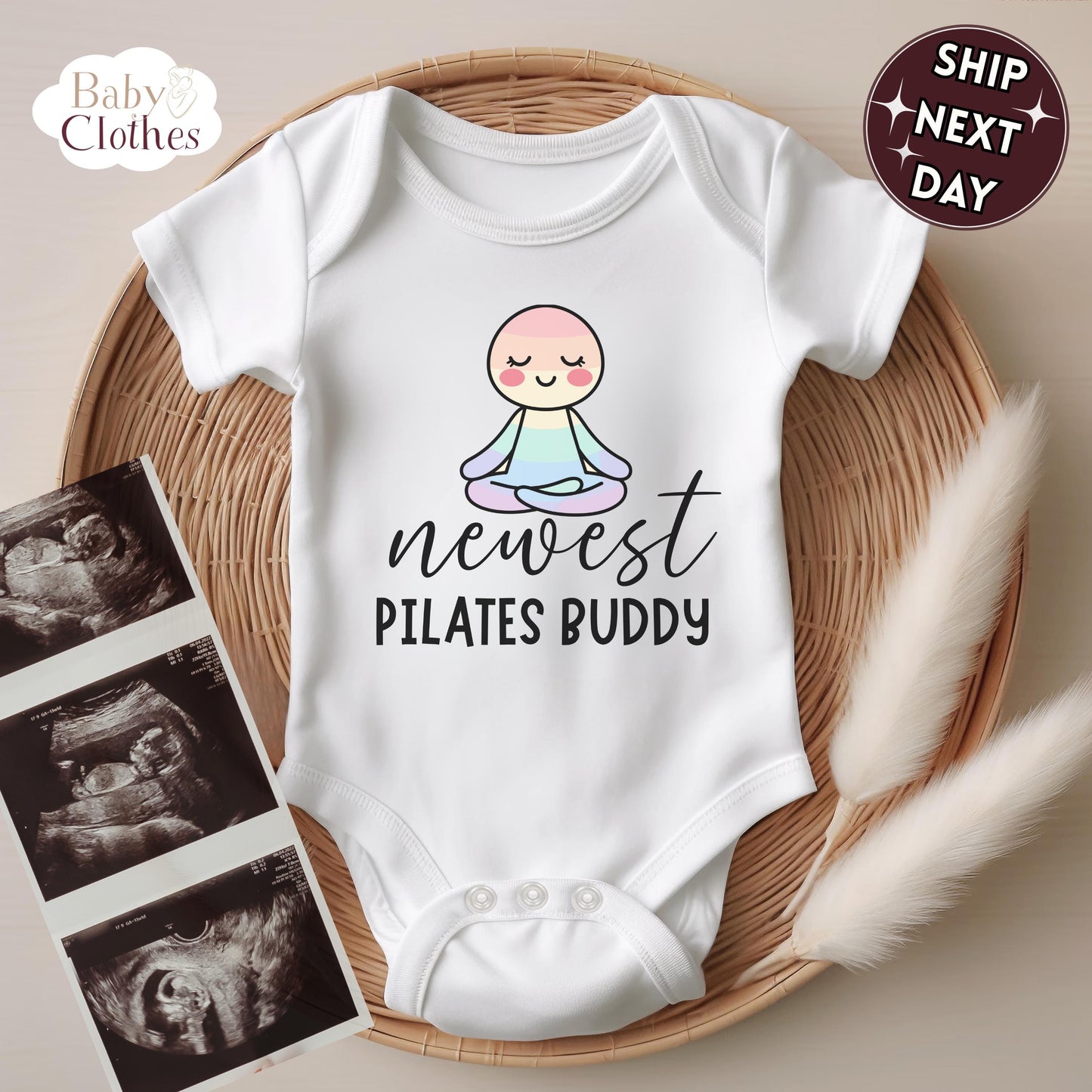 newest pilates buddy baby bodysuit, cute pilates baby outfit, baby announcement, newborn baby gift, daddys pilates partner onesie®