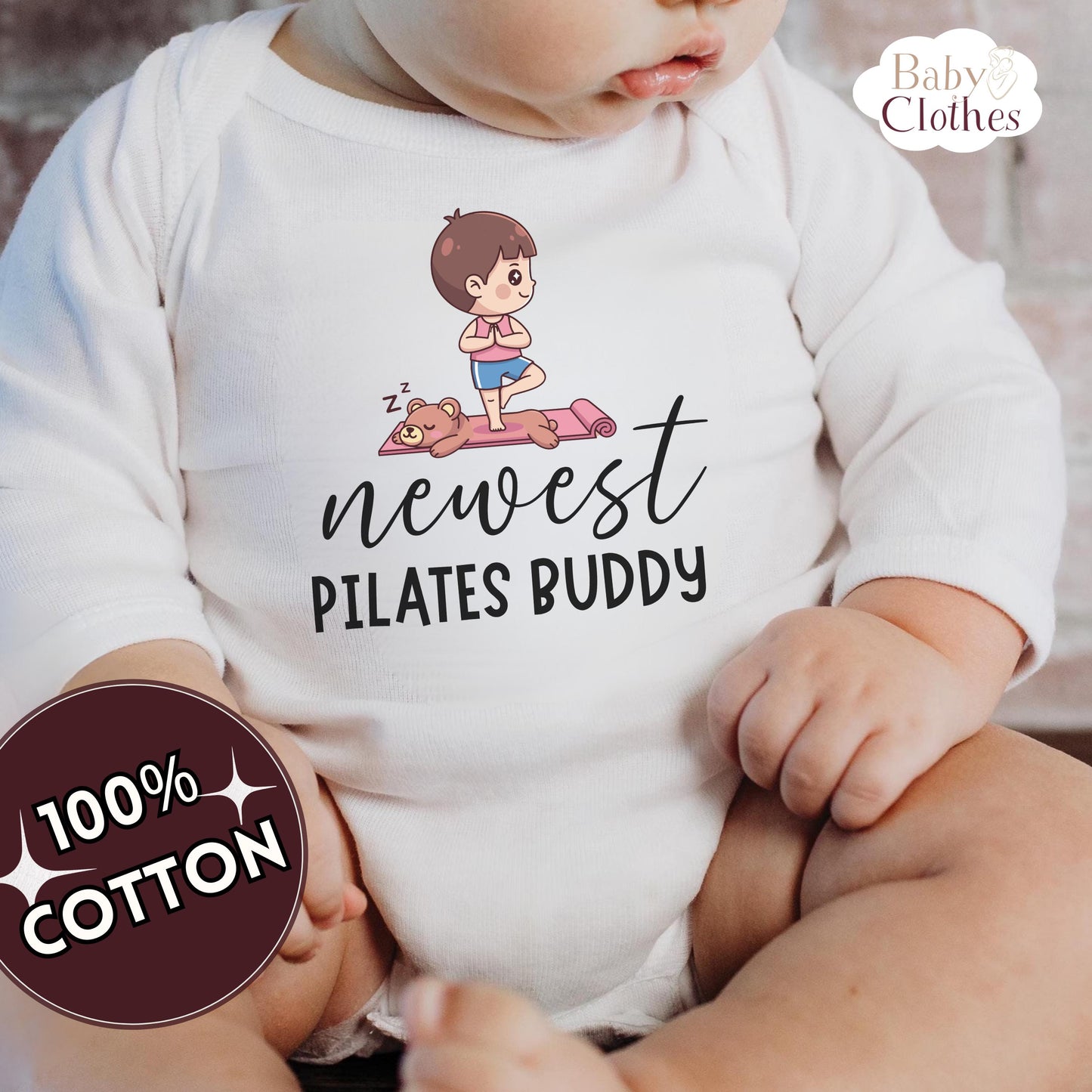 newest pilates buddy baby bodysuit, cute pilates baby outfit, baby announcement, newborn baby gift, daddys pilates partner onesie®