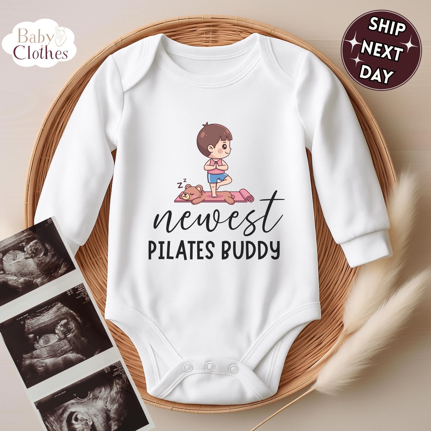 newest pilates buddy baby bodysuit, cute pilates baby outfit, baby announcement, newborn baby gift, daddys pilates partner onesie®