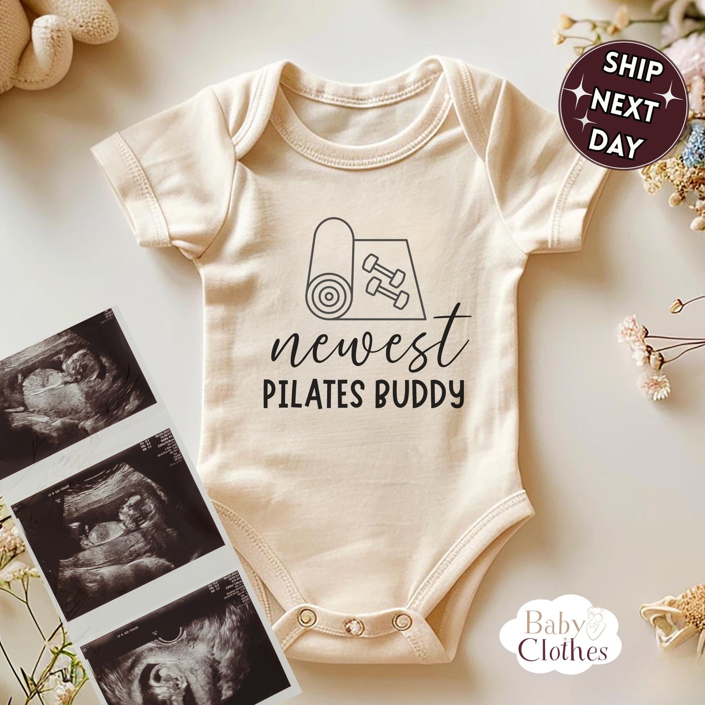 newest pilates buddy baby bodysuit, cute pilates baby outfit, baby announcement, newborn baby gift, daddys pilates partner onesie®