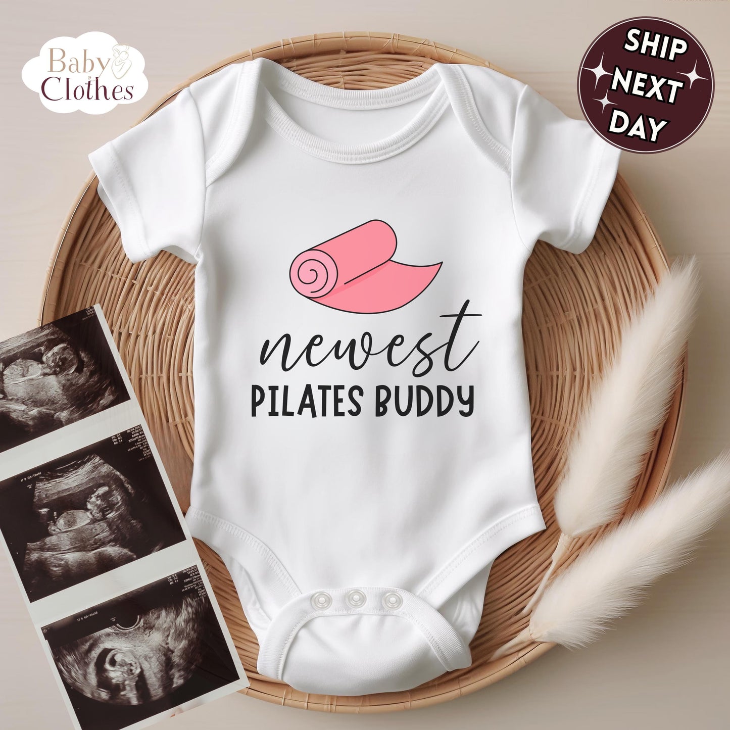 newest pilates buddy baby bodysuit, cute pilates baby outfit, baby announcement, newborn baby gift, daddys pilates partner onesie®