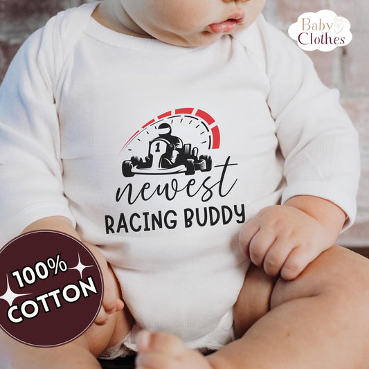 newest racing buddy baby bodysuit, cute racing baby outfit, baby announcement, newborn baby gift, daddys racing partner onesie®