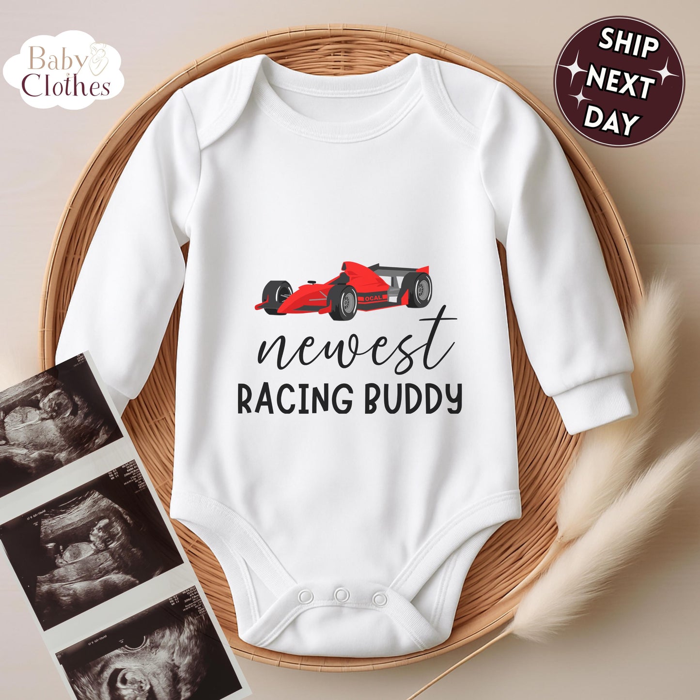 newest racing buddy baby bodysuit, cute racing baby outfit, baby announcement, newborn baby gift, daddys racing partner onesie®