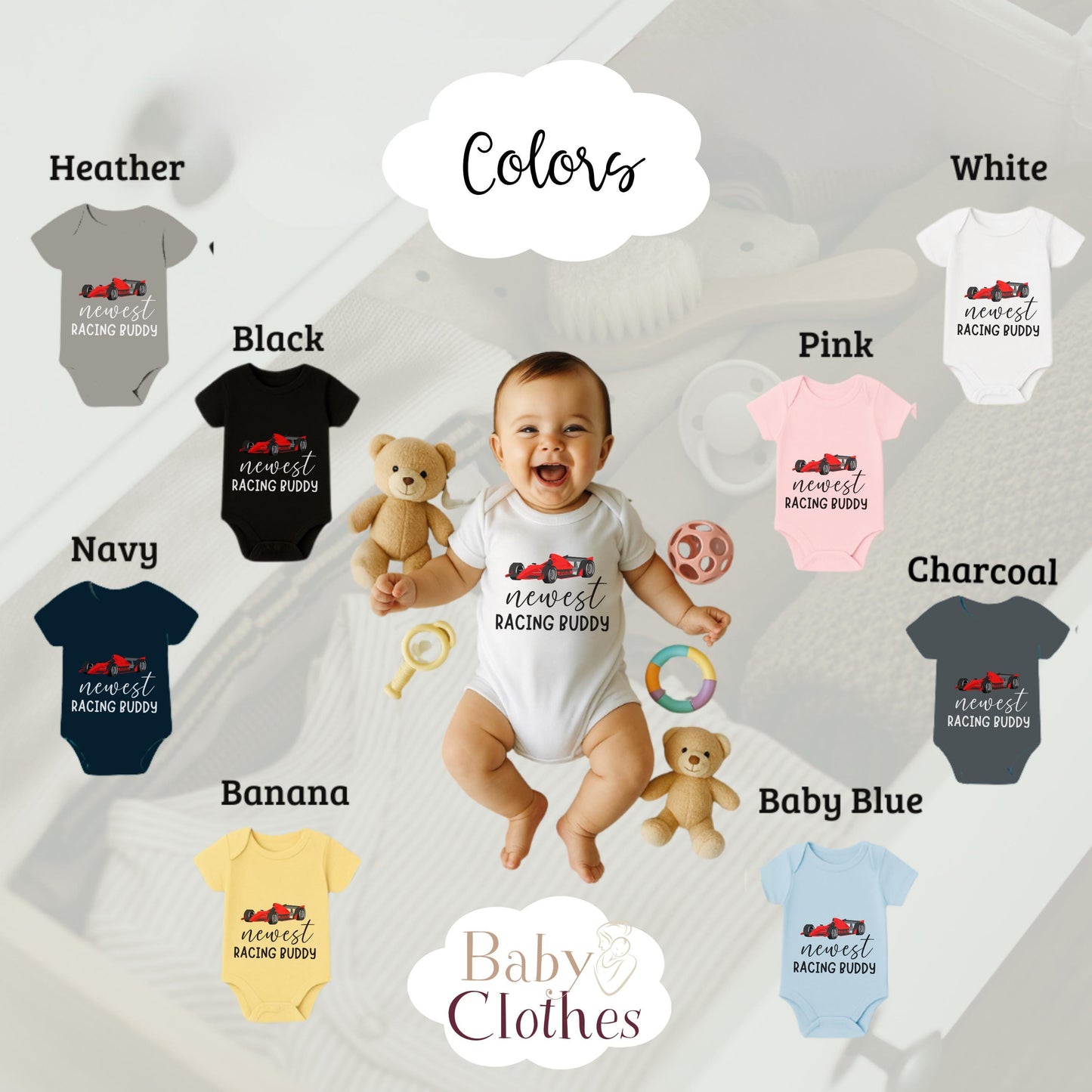 newest racing buddy baby bodysuit, cute racing baby outfit, baby announcement, newborn baby gift, daddys racing partner onesie®