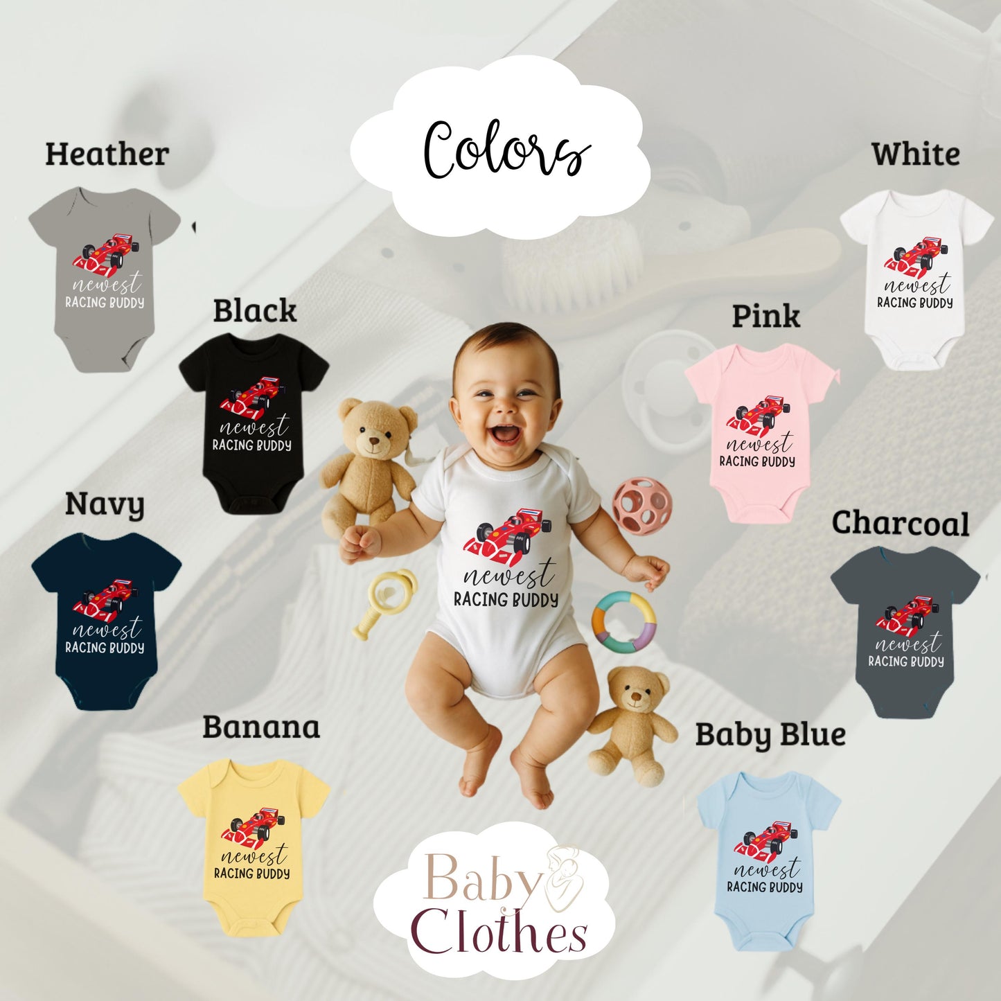 newest racing buddy baby bodysuit, cute racing baby outfit, baby announcement, newborn baby gift, daddys racing partner onesie®