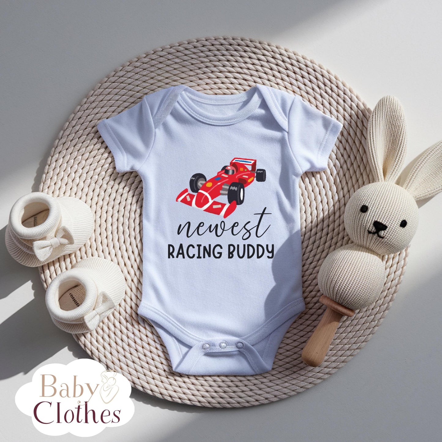newest racing buddy baby bodysuit, cute racing baby outfit, baby announcement, newborn baby gift, daddys racing partner onesie®