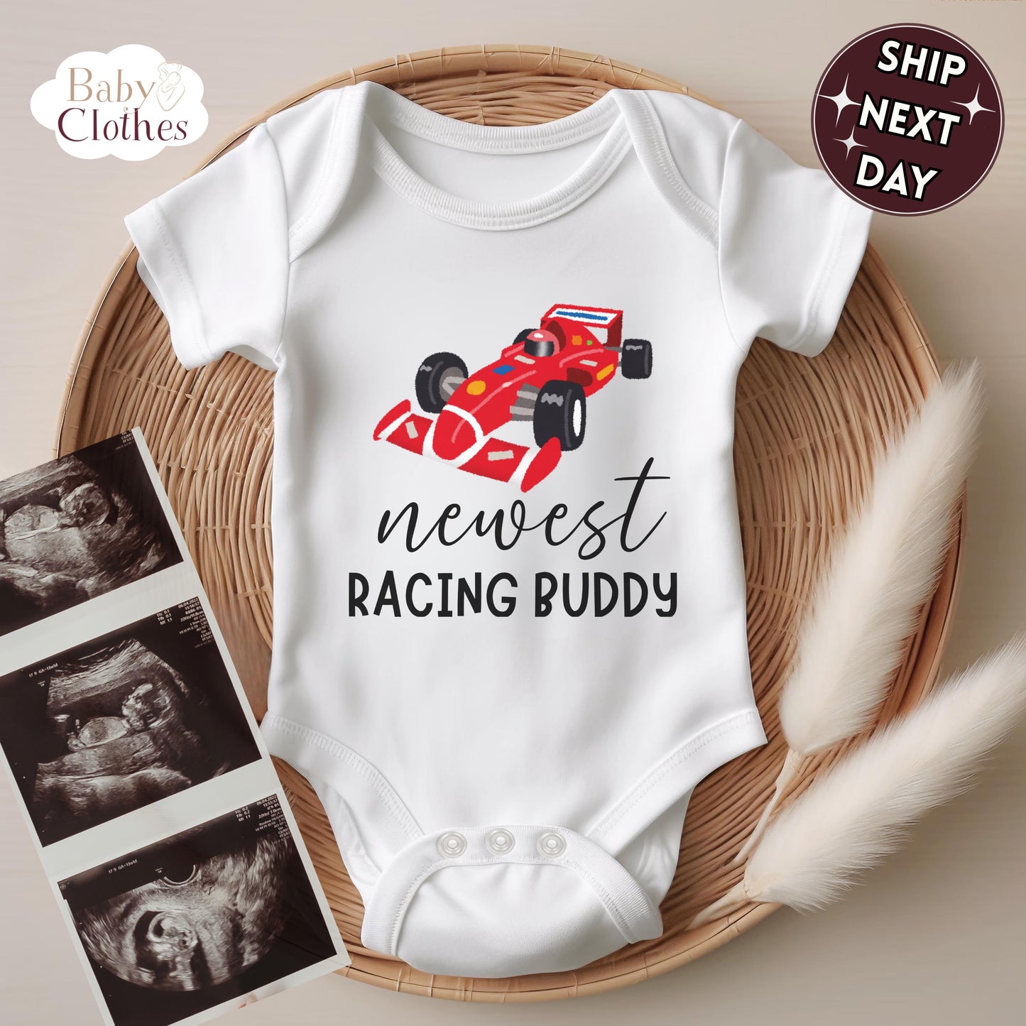 newest racing buddy baby bodysuit, cute racing baby outfit, baby announcement, newborn baby gift, daddys racing partner onesie®