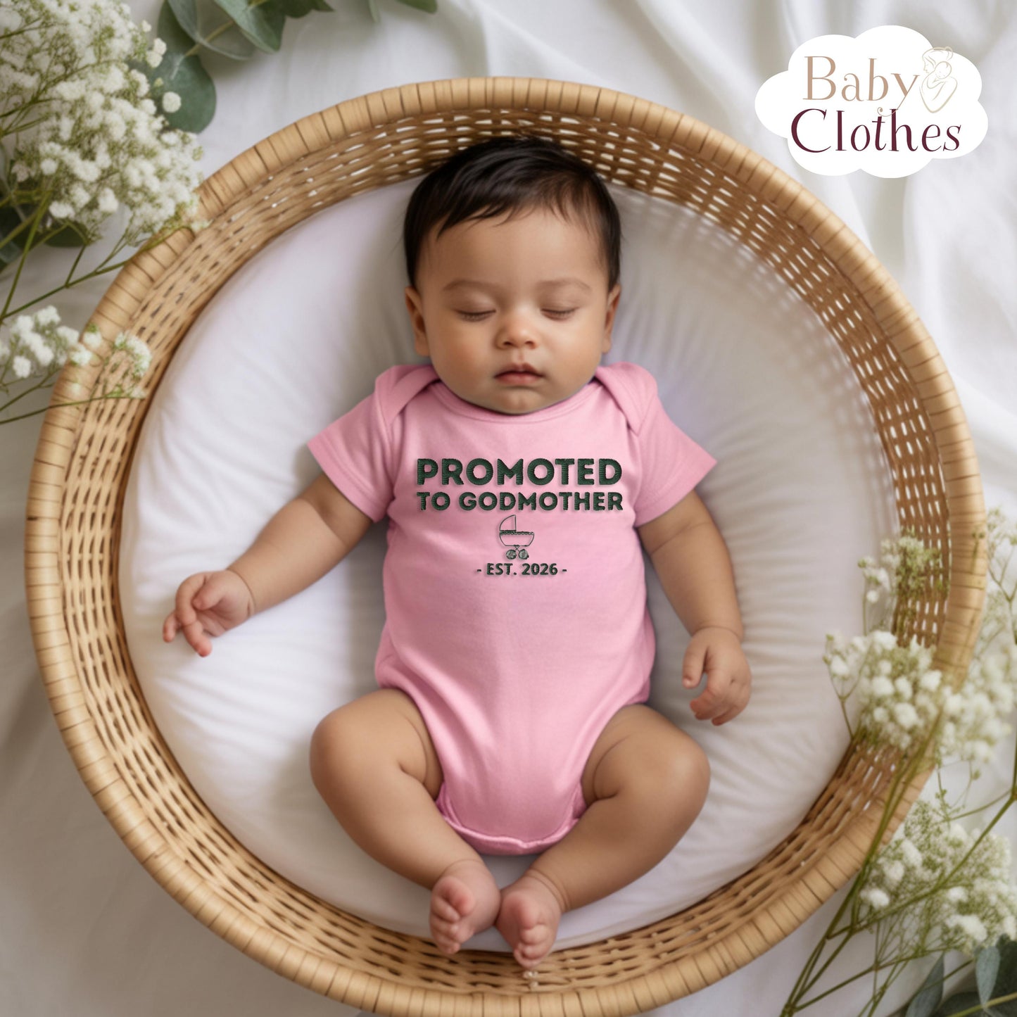 Promoted To Godmother Embroidered Baby Bodysuit, Personalized Est Year Infant One Piece, Godparent Proposal Gift, Baby Announcement Outfit