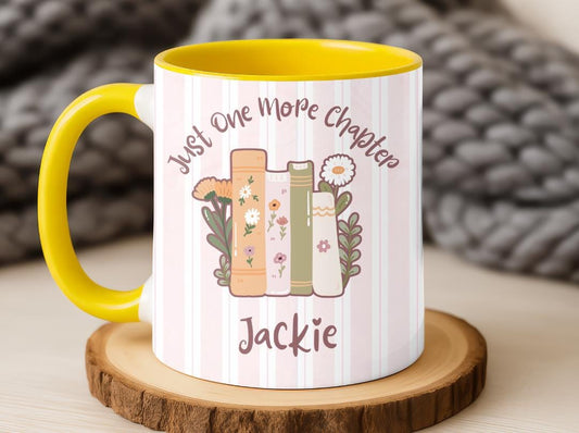 Personalized Book Lover Mug, One More Chapter Coffee Cup, Floral Bookshelf Reader Gift, Custom Name Literary Birthday Present