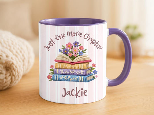 Personalized Book Lover Mug, One More Chapter Coffee Cup, Floral Bookshelf Reader Gift, Custom Name Literary Birthday Present