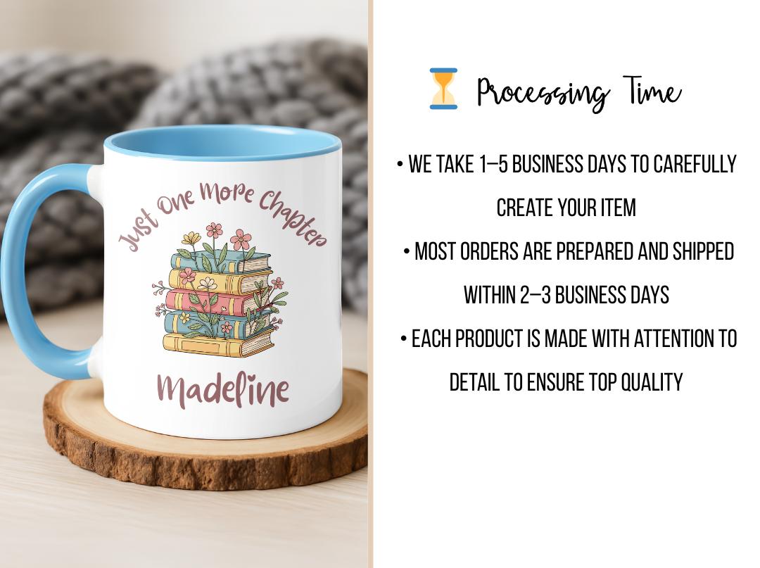Personalized Book Lover Mug, One More Chapter Coffee Cup, Floral Bookshelf Reader Gift, Custom Name Literary Birthday Present