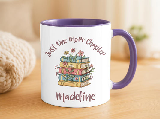 Personalized Book Lover Mug, One More Chapter Coffee Cup, Floral Bookshelf Reader Gift, Custom Name Literary Birthday Present