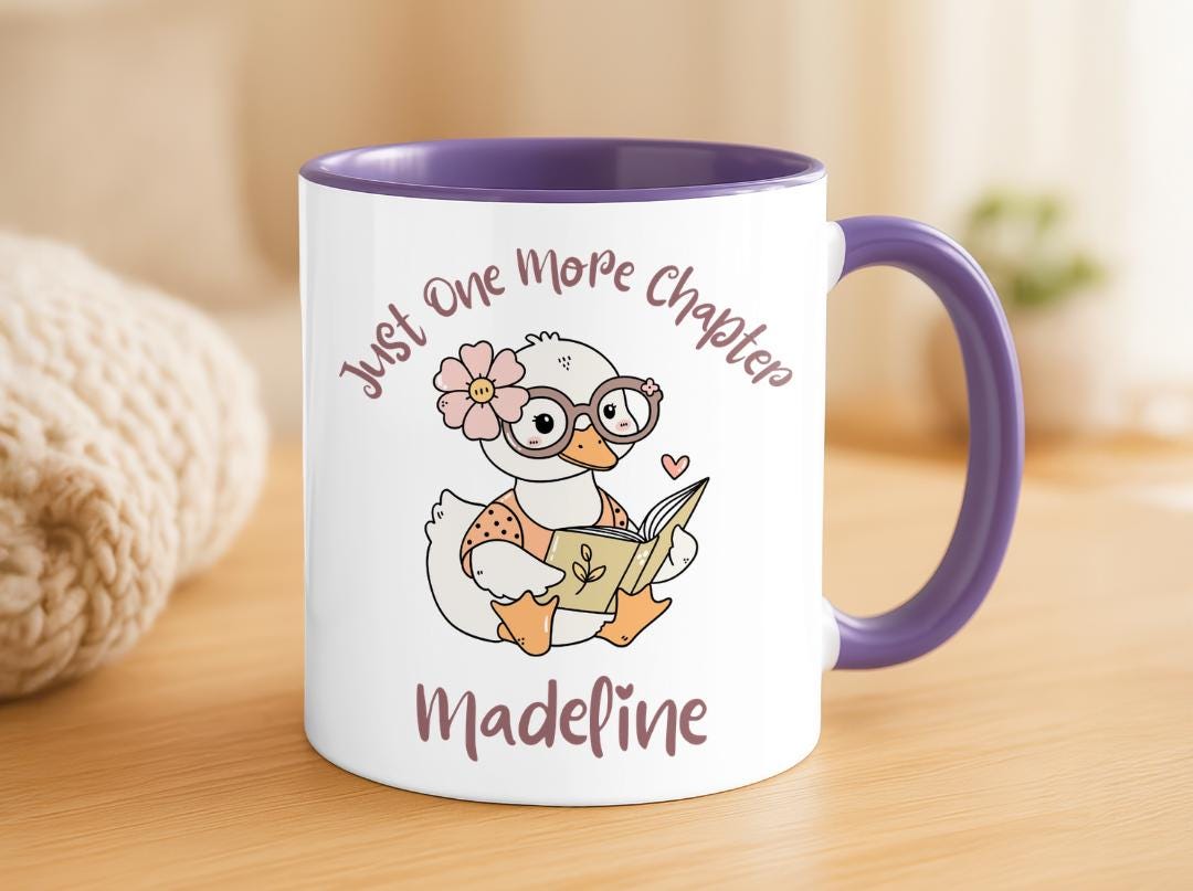 Personalized Duck Reading Mug, Just One More Chapter Coffee Cup, Cute Book Lover Gift For Her, Custom Name Reader Birthday Present