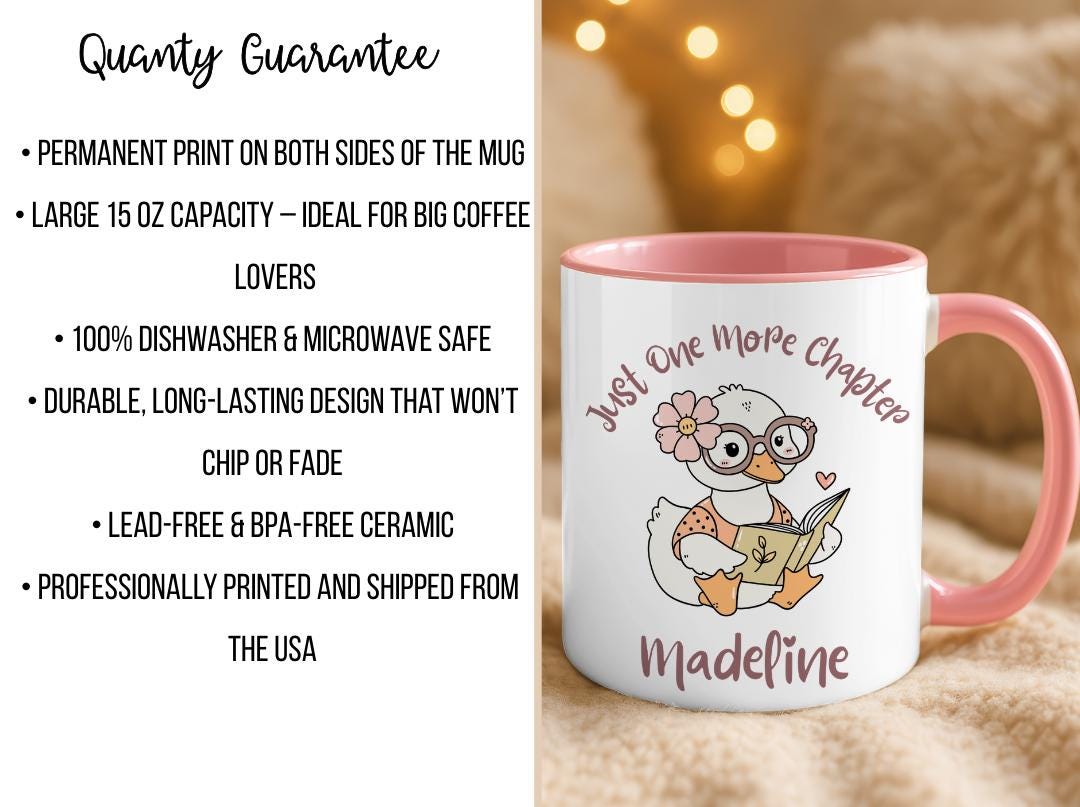 Personalized Duck Reading Mug, Just One More Chapter Coffee Cup, Cute Book Lover Gift For Her, Custom Name Reader Birthday Present