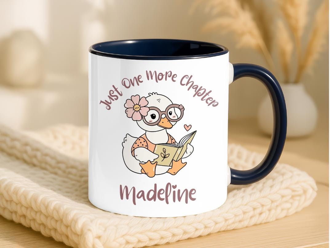 Personalized Duck Reading Mug, Just One More Chapter Coffee Cup, Cute Book Lover Gift For Her, Custom Name Reader Birthday Present