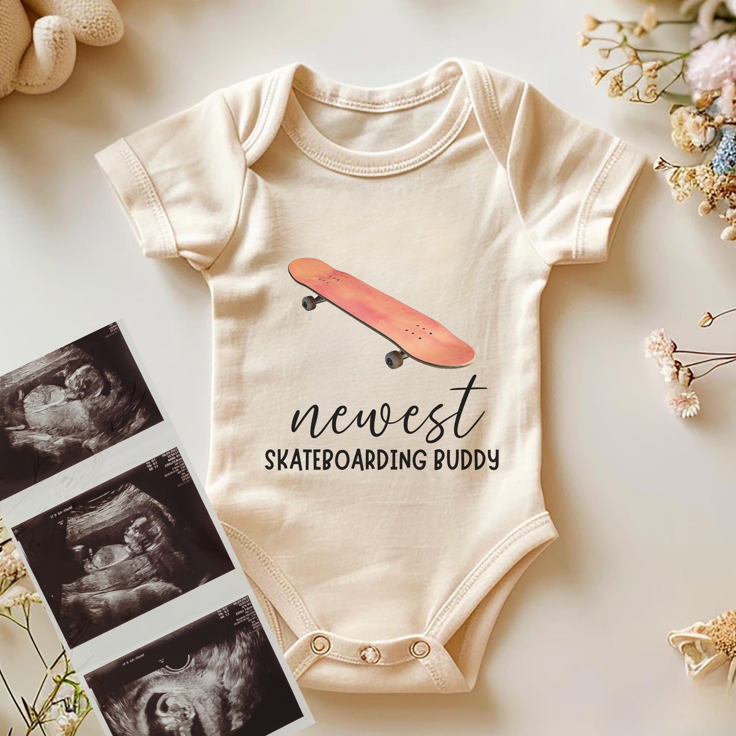 newest skate buddy baby bodysuit, cute skateboard baby outfit, baby announcement, newborn baby gift, daddys skate partner