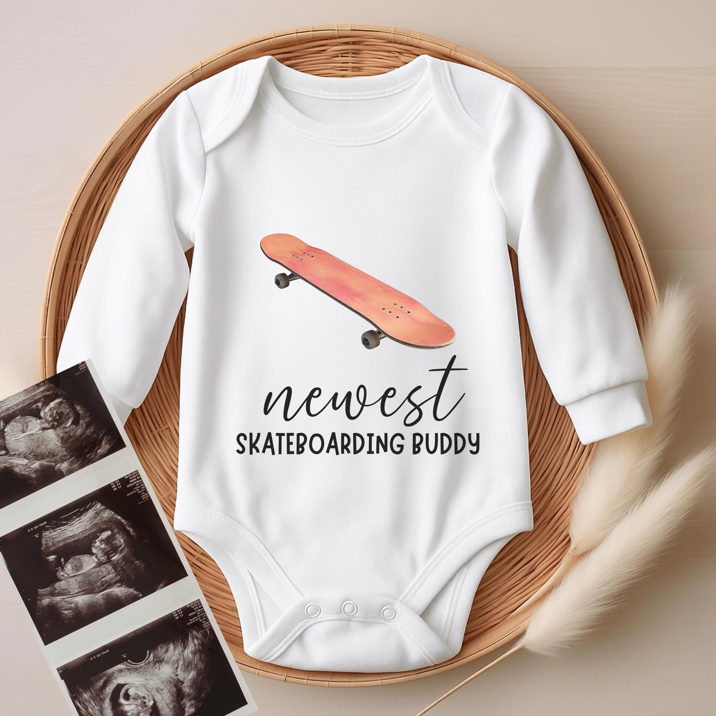 newest skate buddy baby bodysuit, cute skateboard baby outfit, baby announcement, newborn baby gift, daddys skate partner