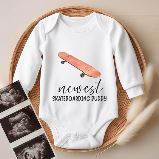 newest skate buddy baby bodysuit, cute skateboard baby outfit, baby announcement, newborn baby gift, daddys skate partner