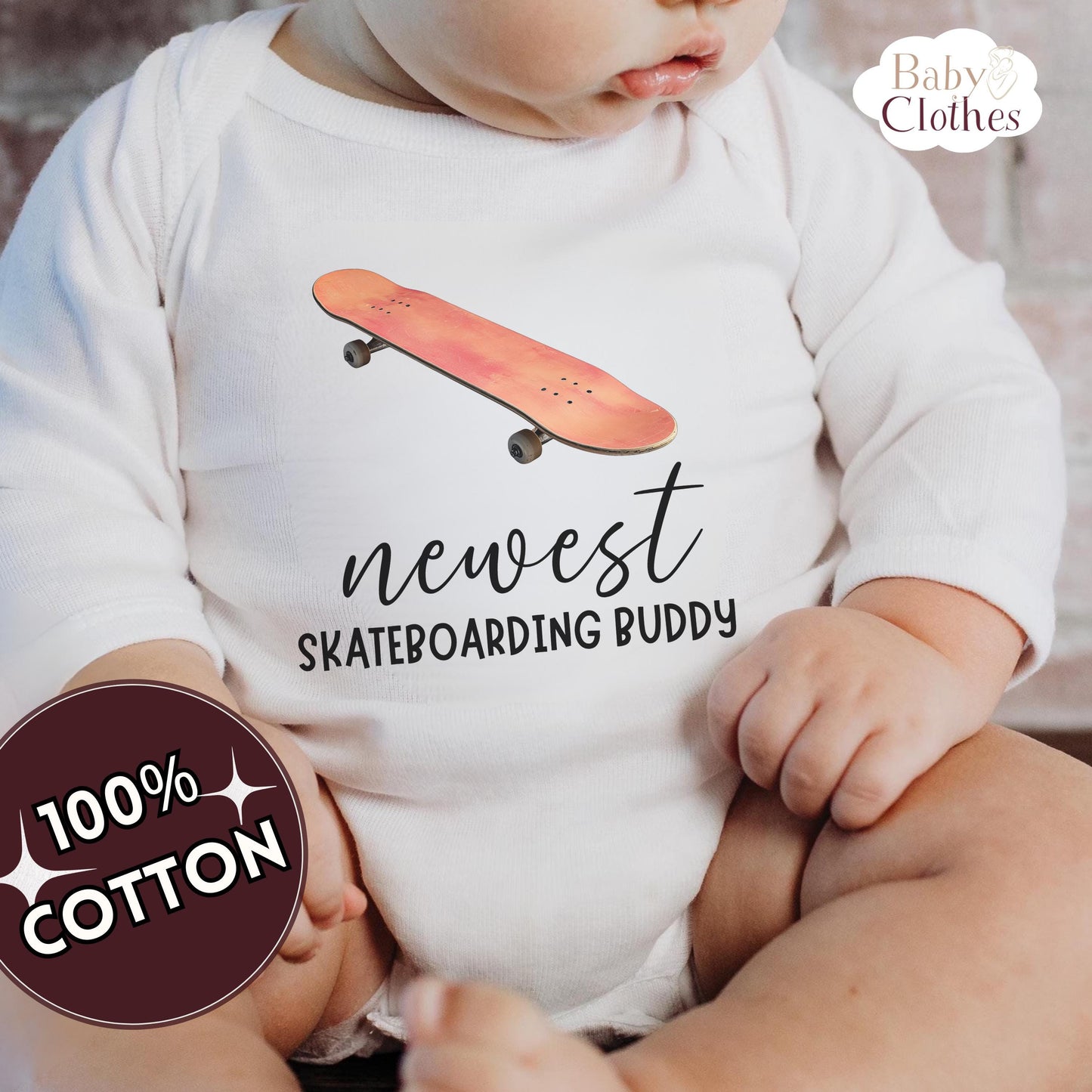 newest skate buddy baby bodysuit, cute skateboard baby outfit, baby announcement, newborn baby gift, daddys skate partner