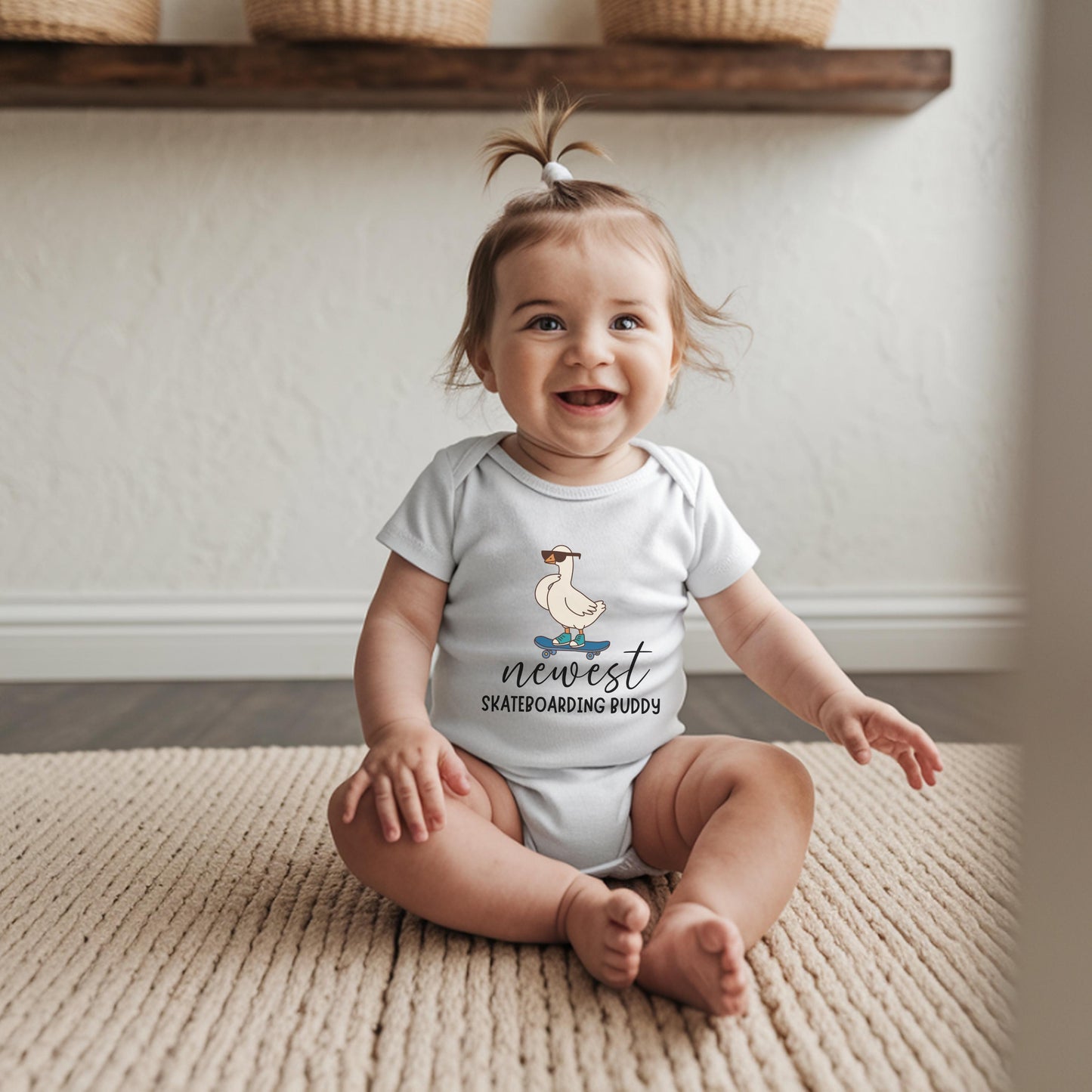 newest skate buddy baby bodysuit, cute skateboard baby outfit, baby announcement, newborn baby gift, daddys skate partner