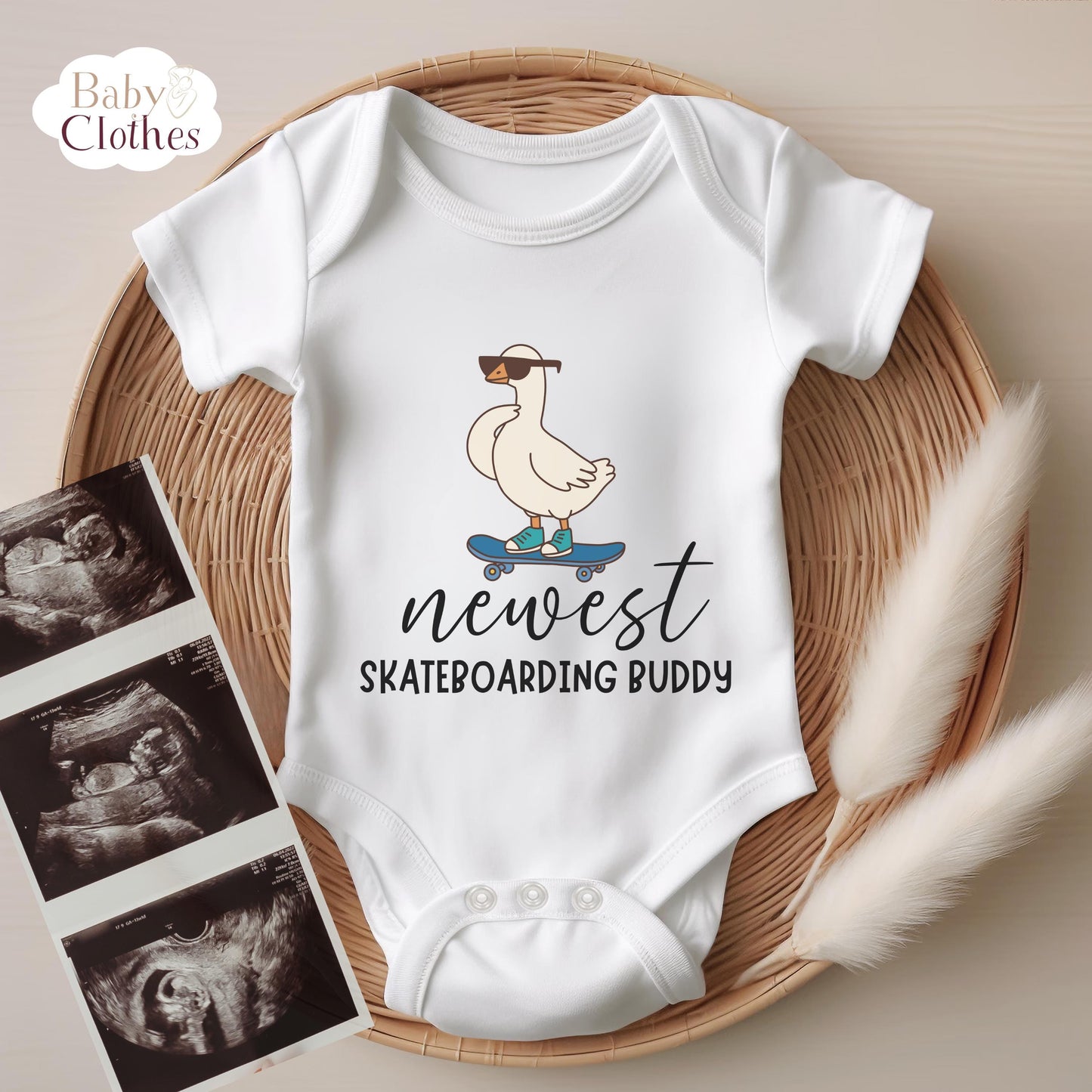 newest skate buddy baby bodysuit, cute skateboard baby outfit, baby announcement, newborn baby gift, daddys skate partner