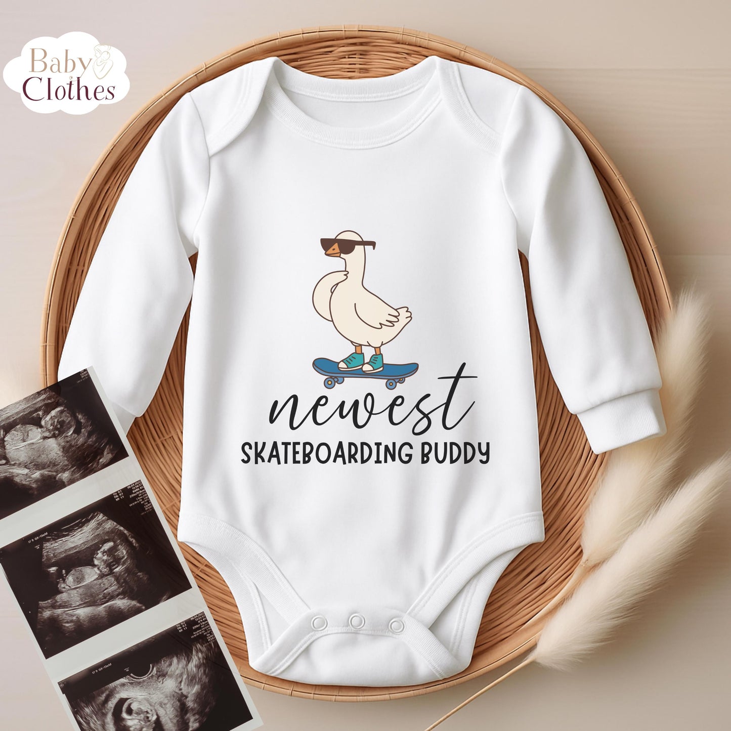 newest skate buddy baby bodysuit, cute skateboard baby outfit, baby announcement, newborn baby gift, daddys skate partner