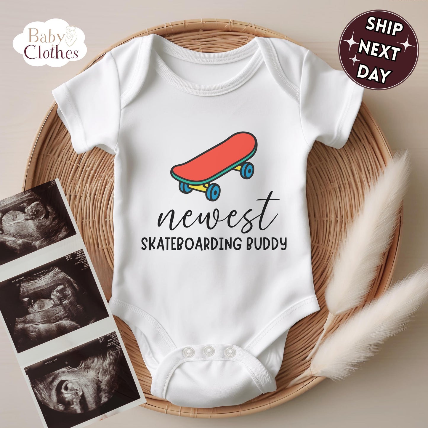 newest skate buddy baby bodysuit, cute skateboard baby outfit, baby announcement, newborn baby gift, daddys skate partner