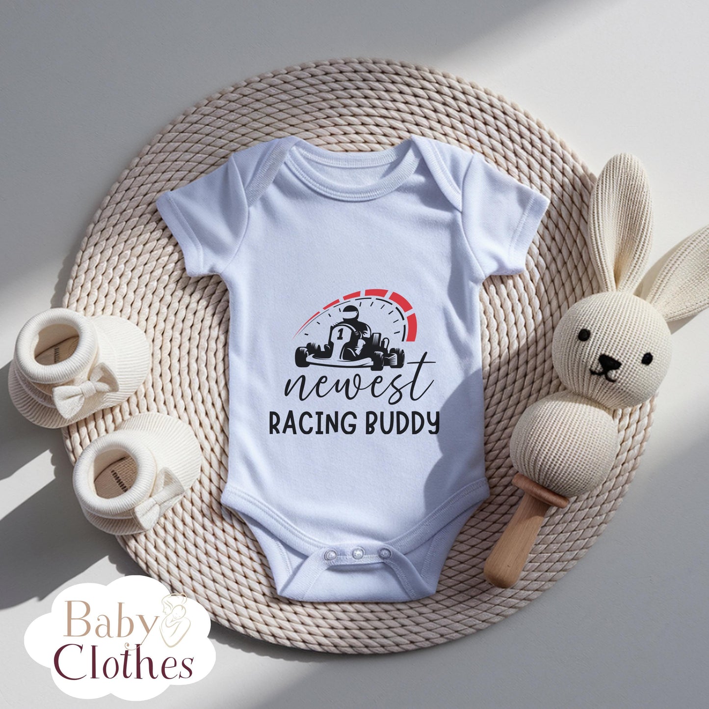 newest racing buddy baby bodysuit, cute racing baby outfit, baby announcement, newborn baby gift, daddys racing partner onesie®