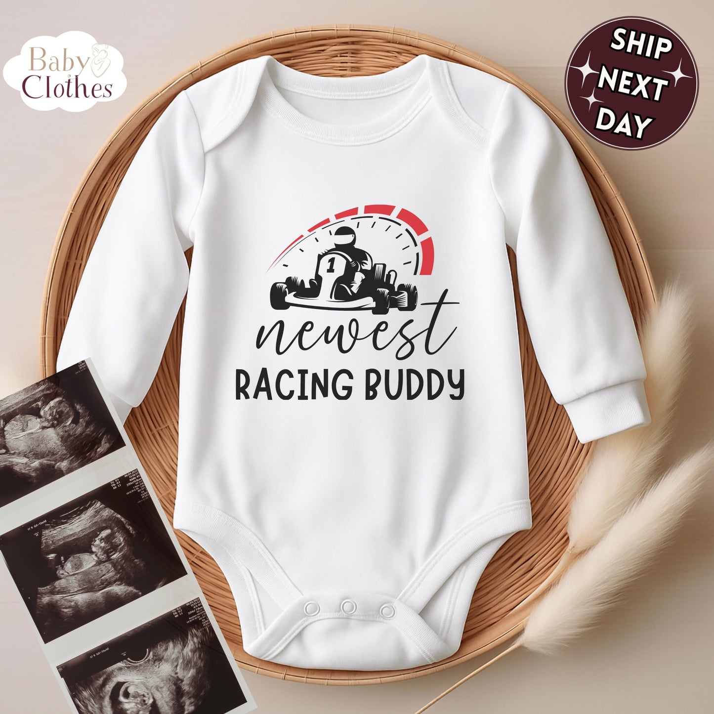 newest racing buddy baby bodysuit, cute racing baby outfit, baby announcement, newborn baby gift, daddys racing partner onesie®