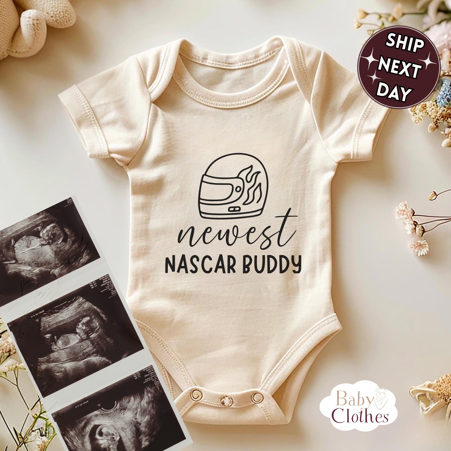 newest nascar buddy baby bodysuit, cute nascar baby outfit, baby announcement, newborn baby gift, daddys nascar partner onesie®