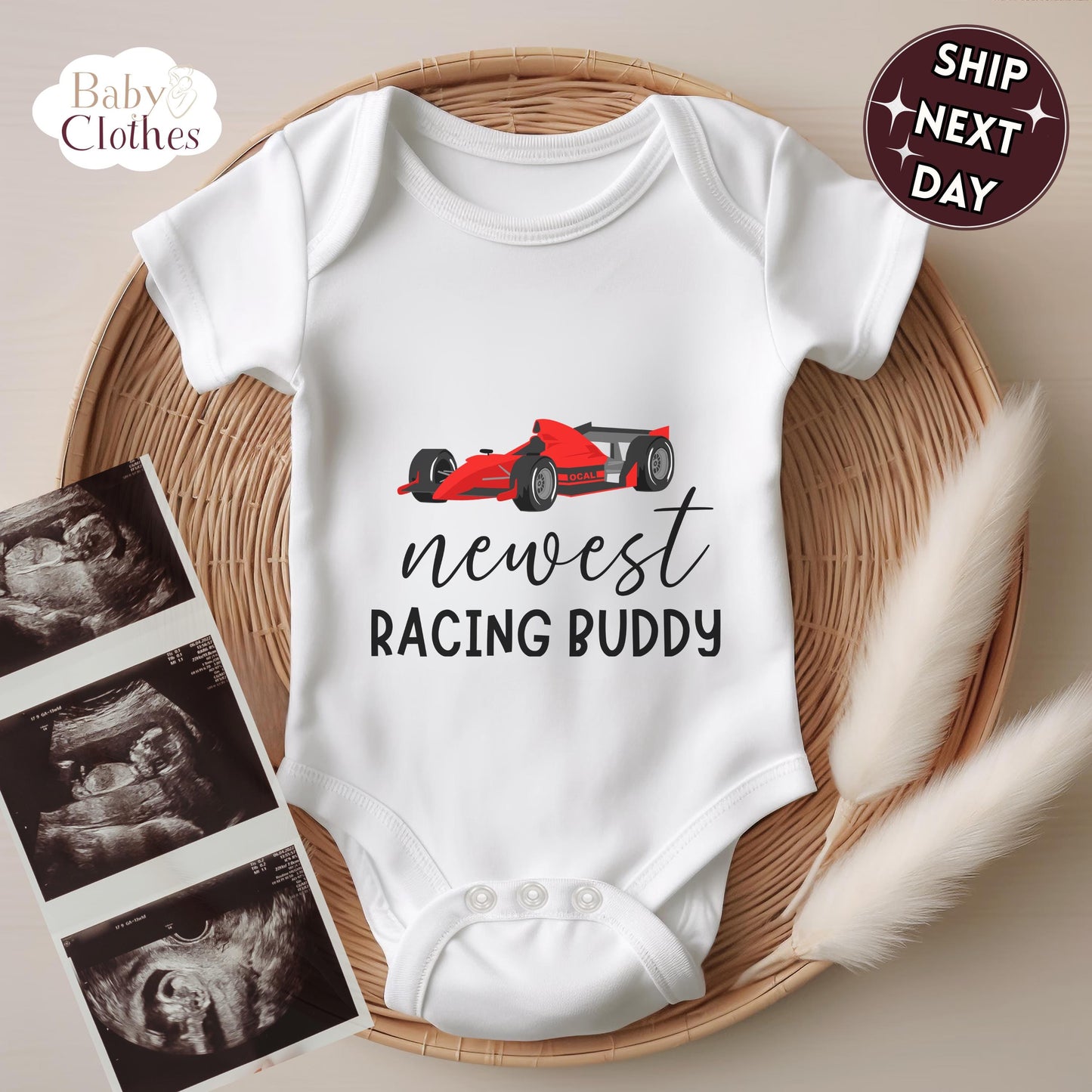 newest racing buddy baby bodysuit, cute racing baby outfit, baby announcement, newborn baby gift, daddys racing partner onesie®