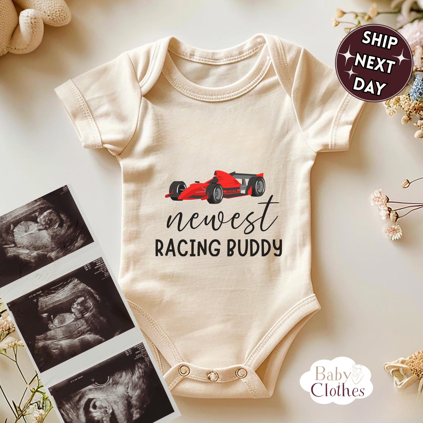 newest racing buddy baby bodysuit, cute racing baby outfit, baby announcement, newborn baby gift, daddys racing partner onesie®