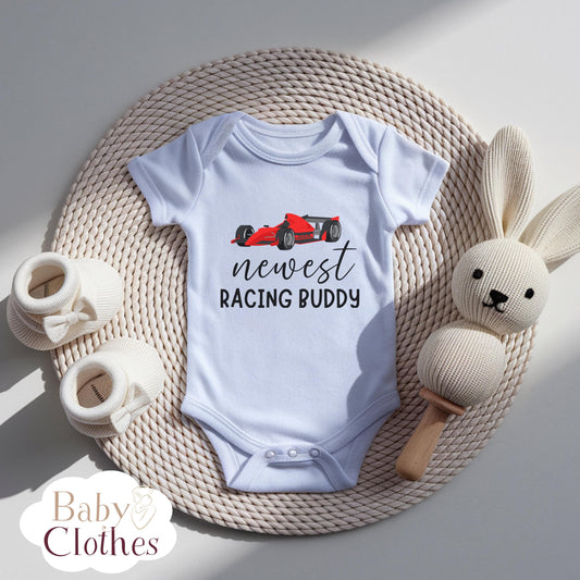 newest racing buddy baby bodysuit, cute racing baby outfit, baby announcement, newborn baby gift, daddys racing partner onesie®