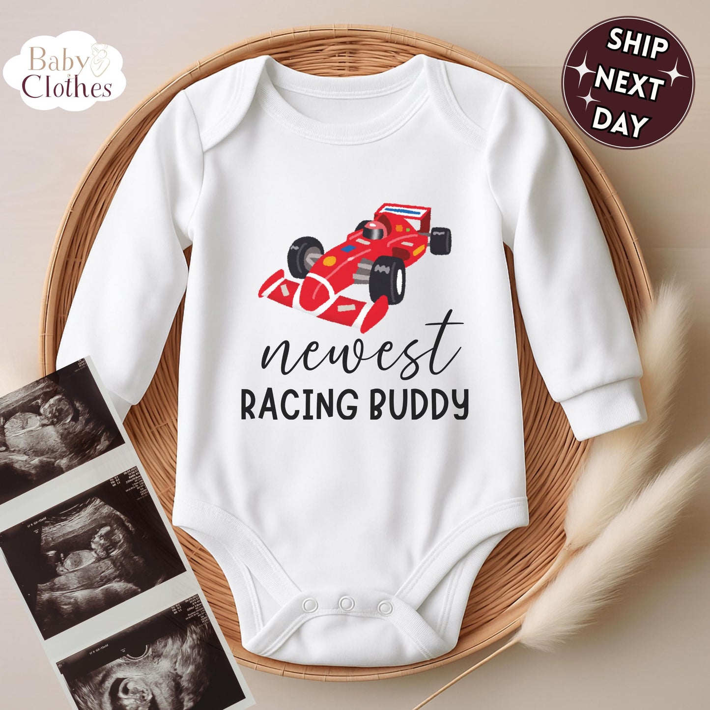 newest racing buddy baby bodysuit, cute racing baby outfit, baby announcement, newborn baby gift, daddys racing partner onesie®