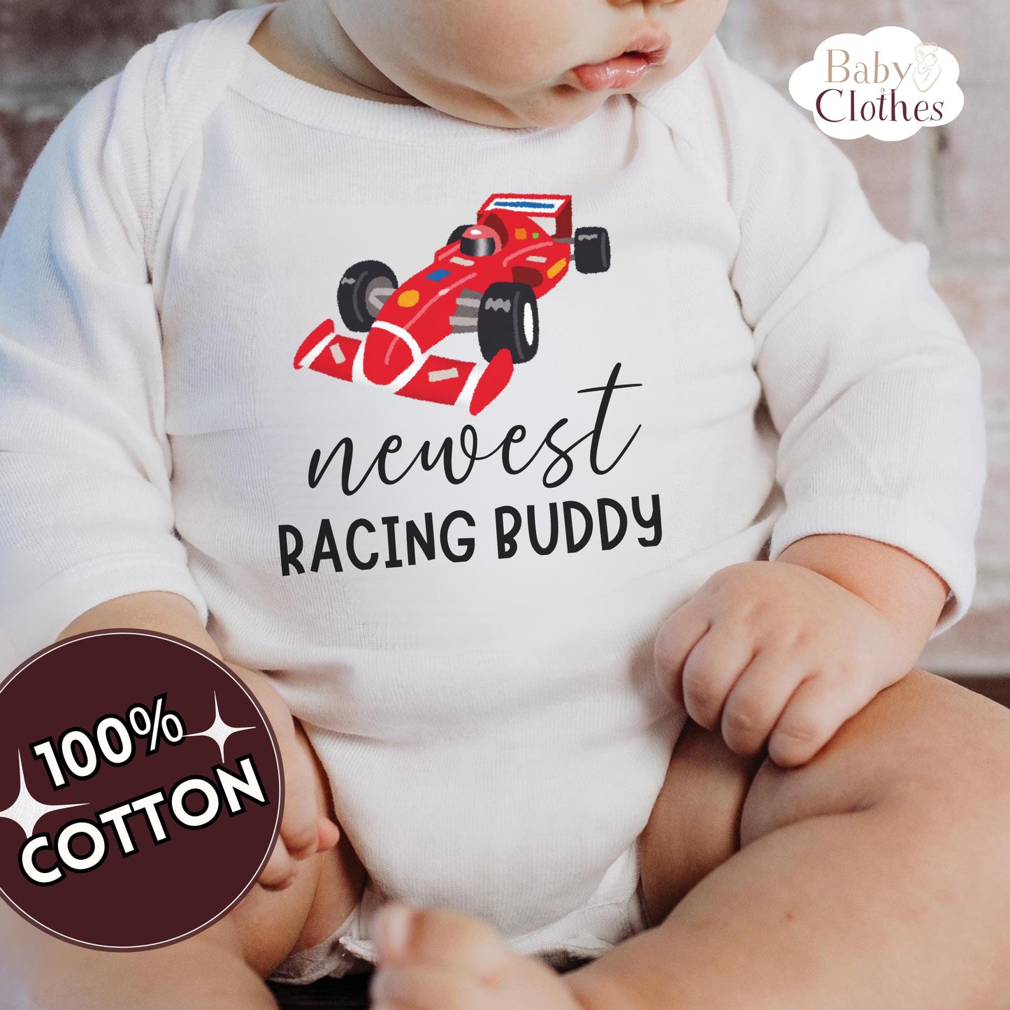 newest racing buddy baby bodysuit, cute racing baby outfit, baby announcement, newborn baby gift, daddys racing partner onesie®